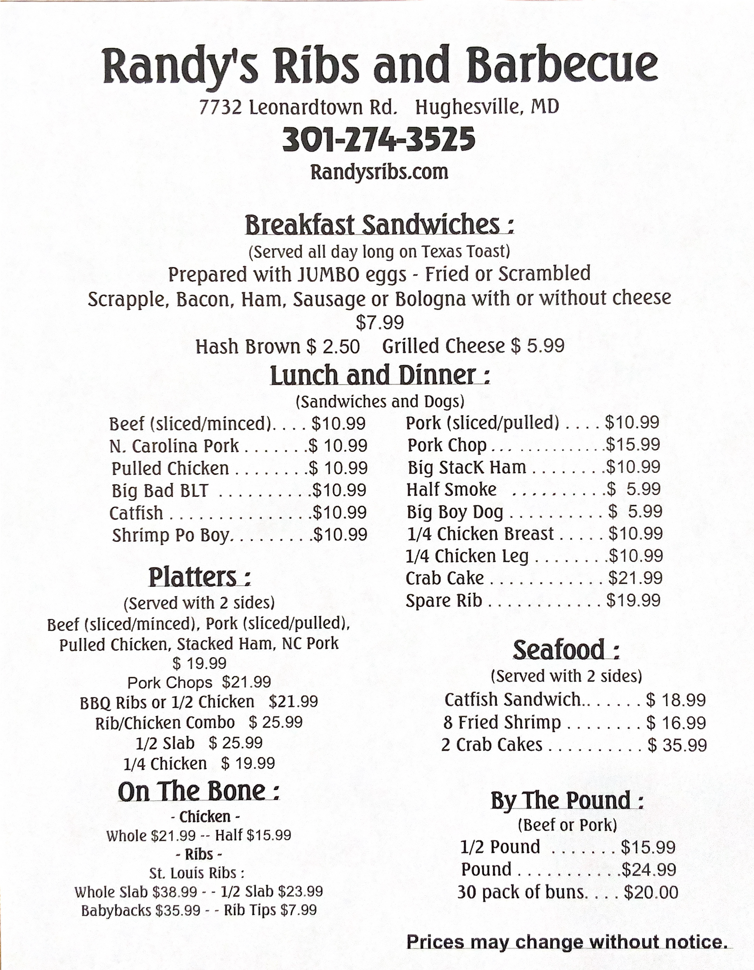 Hughesville Menu