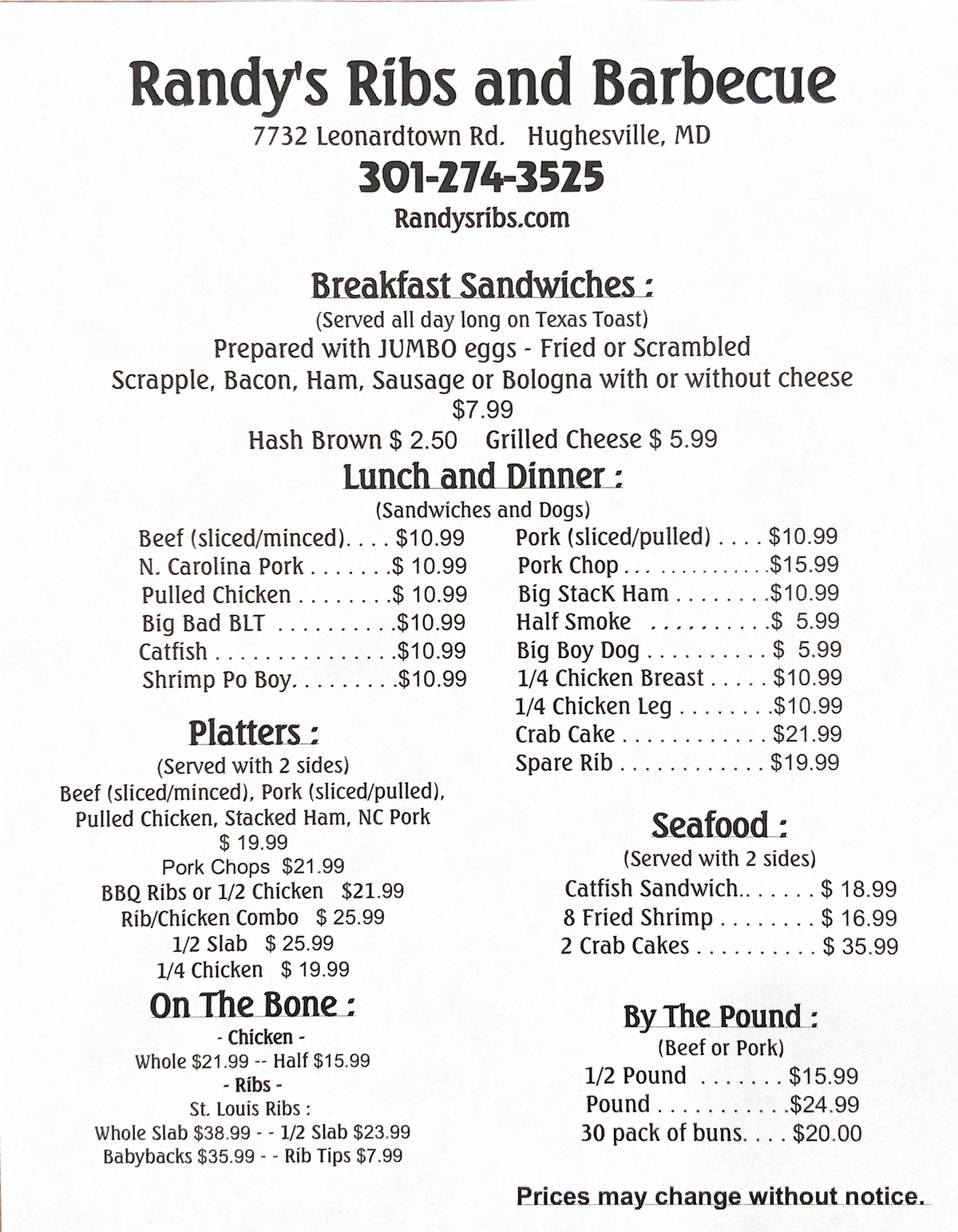 Hughesville Menu – Randy's Ribs & BBQ